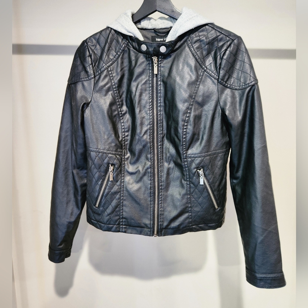 New Look Black Faux Leather Jacket with Gray Hood